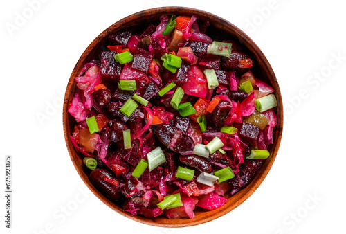 Traditional russian salad vinaigrette with boiled vegetables, pickled cucumbers in bowl . Transparent background. Isolated