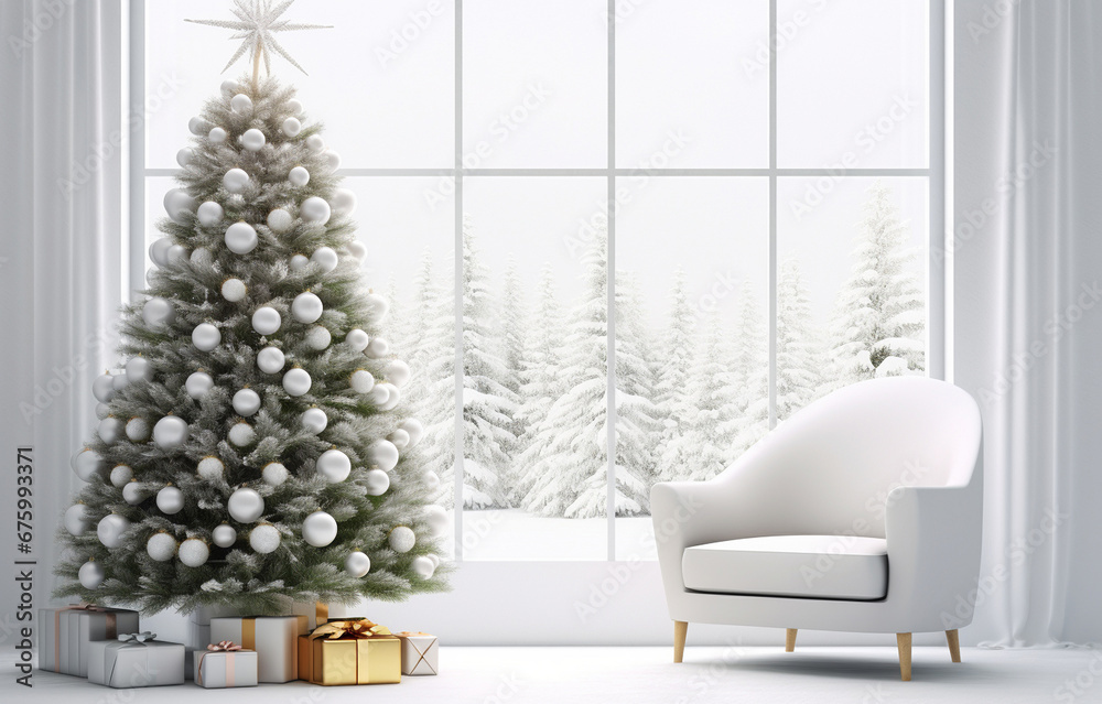 Christmas tree with holiday decor near white sofa in modern room design, winter holiday concept Christmas tree with holiday decor near white sofa in modern room design, winter holiday concept