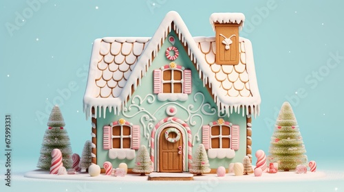  a gingerbread house decorated with candy canes and candy canes on a blue background with snowflakes and candy canes. generative ai