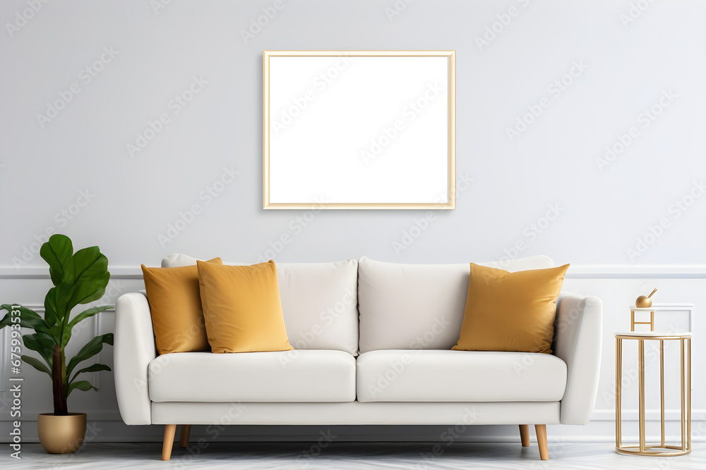 A mockup frame enhances a bright living room, featuring a cozy couch, a stylish table, and a touch of nature with a tropical plant A mockup frame enhances a bright living room, featuring a cozy couch, a stylish table, and a touch of nature with a tropical plant