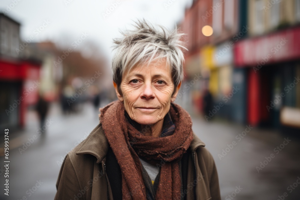 Portrait of an elderly woman with short hair in the city. Portrait of an elderly woman with short hair in the city.