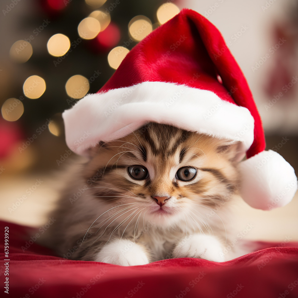 kawaii kitten in santa's hat for christmas xmas postcard, generative AI kawaii kitten in santa's hat for christmas xmas postcard, generative AI