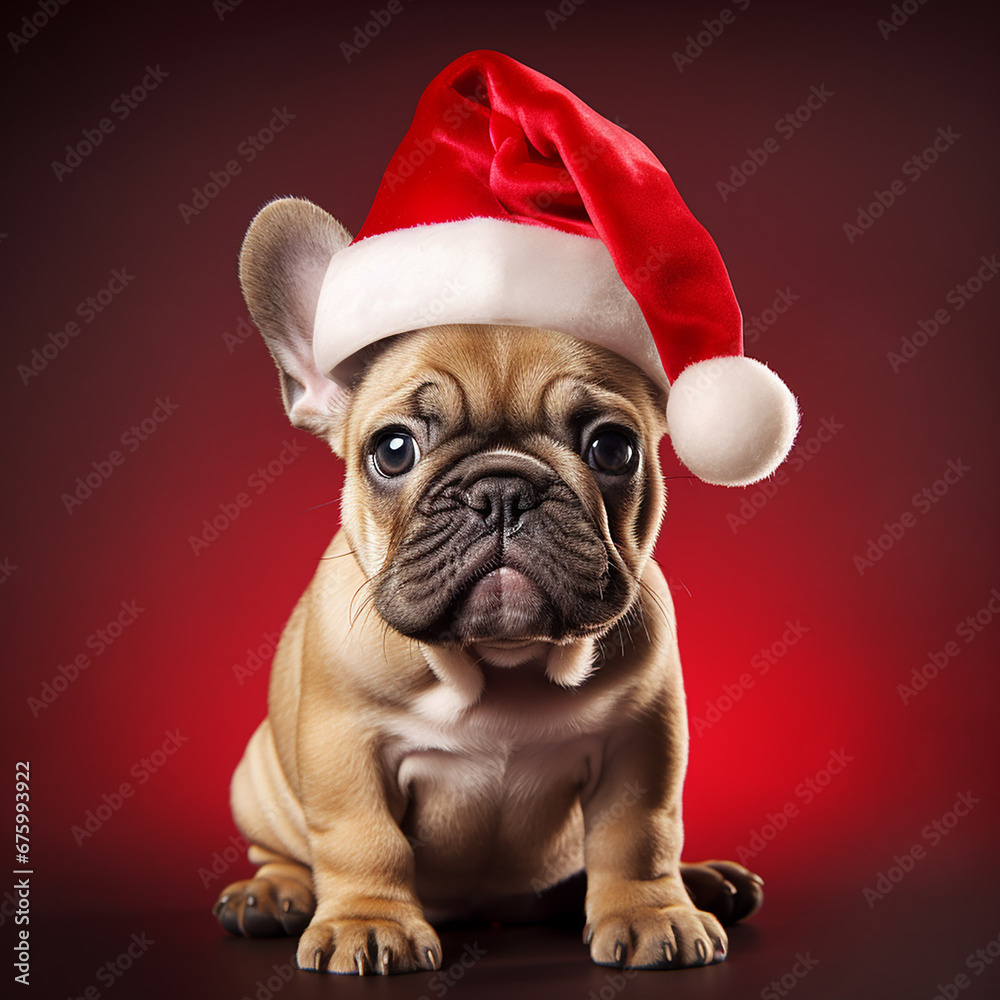 cute kawaii small french bulldog puppy in santa hat for christmas postcard, generative AI