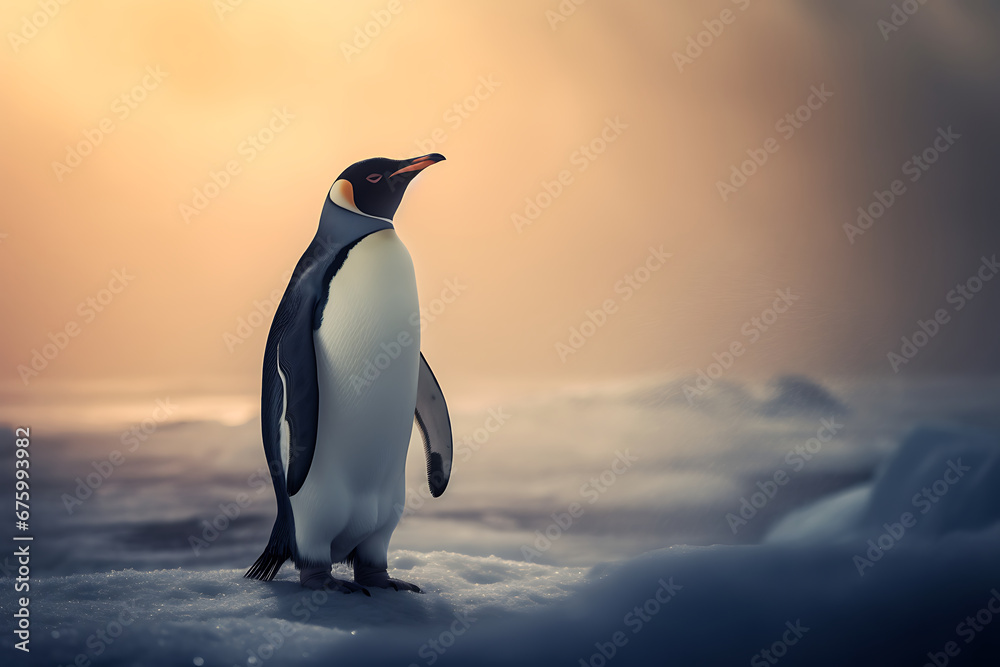 Fototapeta premium Antarctic Sunset: Penguin’s Solitude