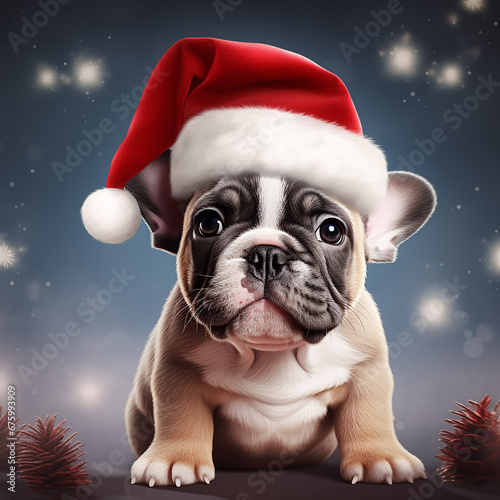 cute kawaii small french bulldog puppy in santa hat for christmas postcard, generative AI © Paulina