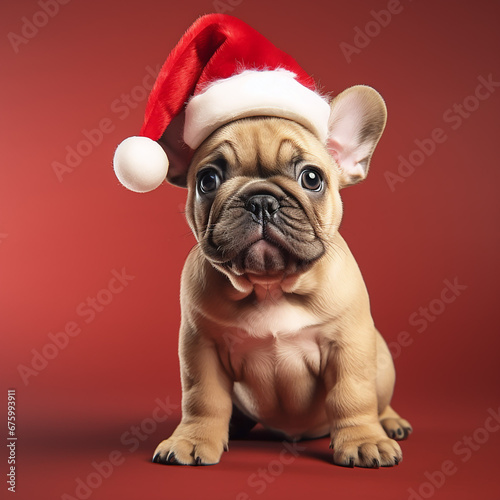 cute kawaii small french bulldog puppy in santa hat for christmas postcard, generative AI © Paulina