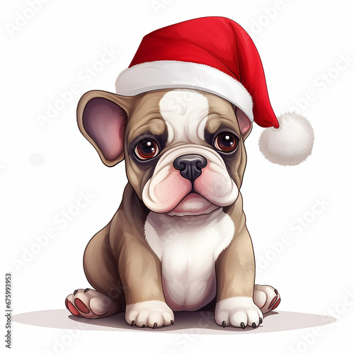 cute kawaii small french bulldog puppy in santa hat for christmas postcard cartoon character style, generative AI © Paulina
