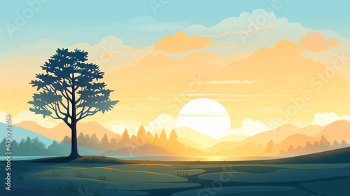 Tranquil Morning Landscape: Flat Cartoon Vector Art of a Meadow with Trees at Sunrise.