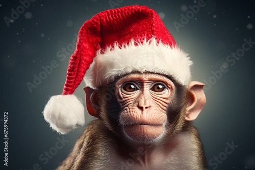 baby monkey in santa's hat for christmas postcard, generative AI
