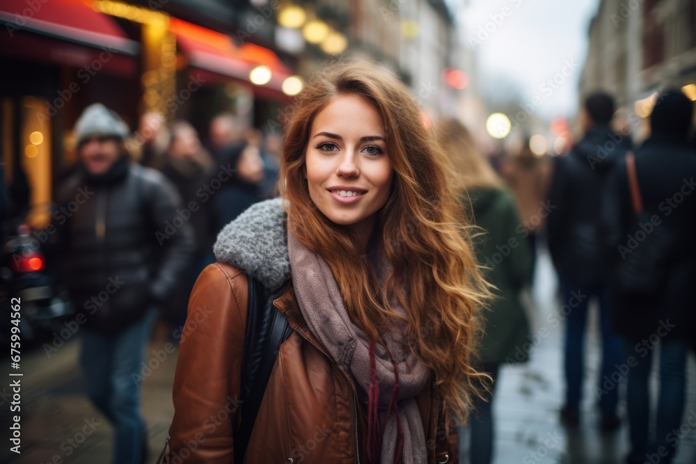 Portrait of a beautiful young woman with long red hair in the city