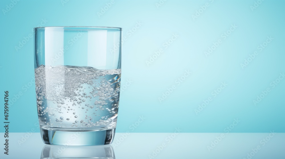 a glass filled with water sitting on top of a blue counter top next to a bottle of water and a glass filled with water. generative ai a glass filled with water sitting on top of a blue counter top next to a bottle of water and a glass filled with water. generative ai