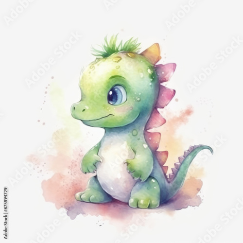 Cute Green Dragon symbol of a New Year 2024, watercolor illustration. Baby Dinosaur. Little Dino a fabulous animal in cartoon style on a white background © maxa0109
