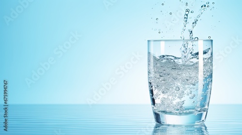  a glass of water with a splash of water on the top of it and a light blue background behind it.  generative ai