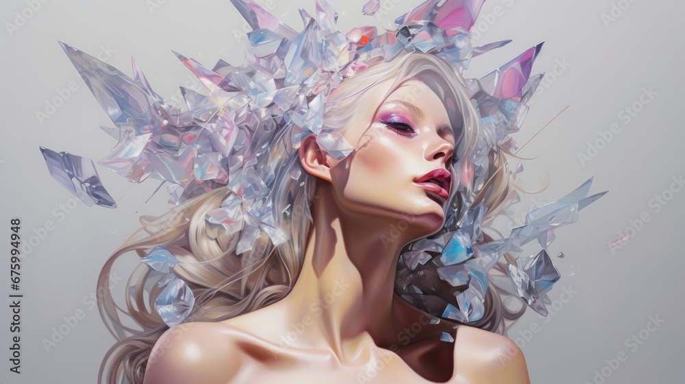  a digital painting of a woman's face with a bunch of butterflies on her head and her hair blowing in the wind.  generative ai