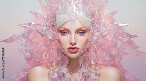  a digital painting of a woman s face with pink hair and a veil of plastic shards on her head.  generative ai