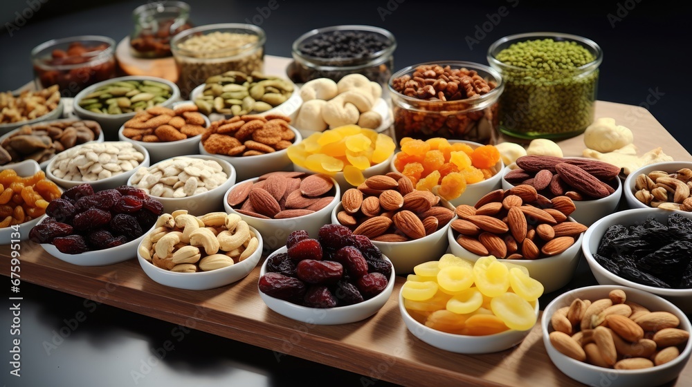  a variety of nuts and dried fruits are arranged in small bowls on a wooden tray on top of a table.  generative ai