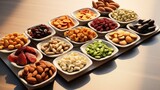  a table topped with bowls filled with different types of nuts and nutshells on top of a wooden table.  generative ai