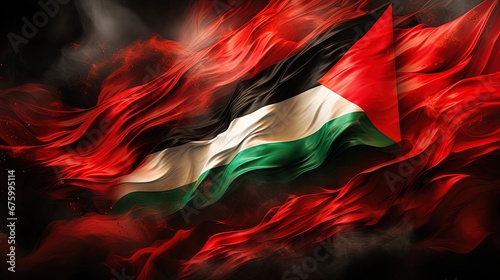 A wavy Palestinian flag on a red background, ai generative photo
