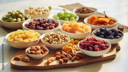  a wooden cutting board topped with bowls filled with different types of fruits and nuts next to a bowl of nuts.  generative ai