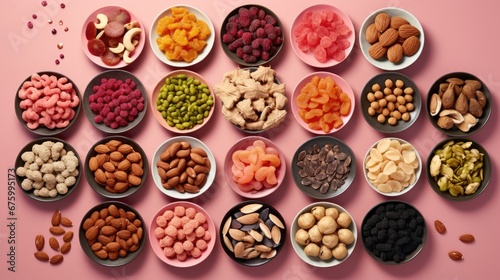  a group of bowls filled with different types of nuts and nutshells next to each other on a pink surface. generative ai