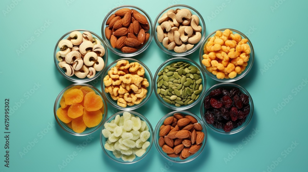 a variety of nuts and dried fruits arranged in a circle on a light blue background with copy space in the middle. generative ai a variety of nuts and dried fruits arranged in a circle on a light blue background with copy space in the middle. generative ai