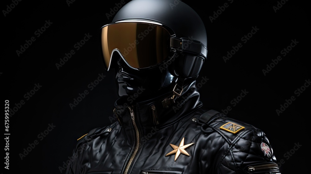 a close up of a person wearing a black leather jacket and a gold star on the side of the jacket.  generative ai