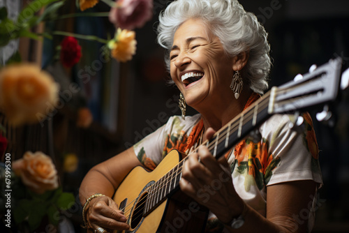A senior woman learning to play a guitar with joy photo