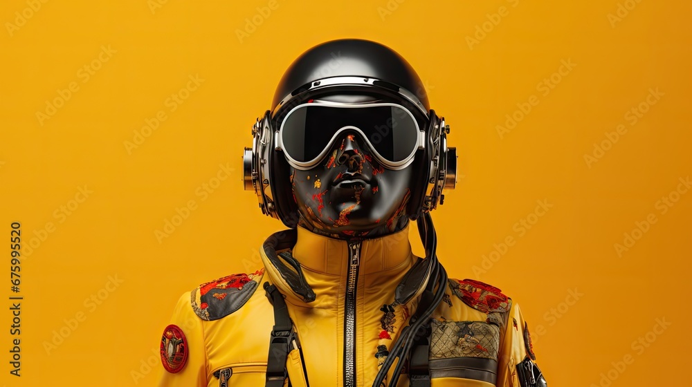  a man wearing a helmet, goggles, and a pair of goggles is standing in front of a yellow background.  generative ai