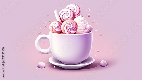  a cup filled with lots of pink and white lollipops on top of a saucer on a pink background.  generative ai