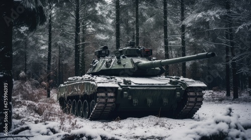 Battle tank standing in position in the forest in winter