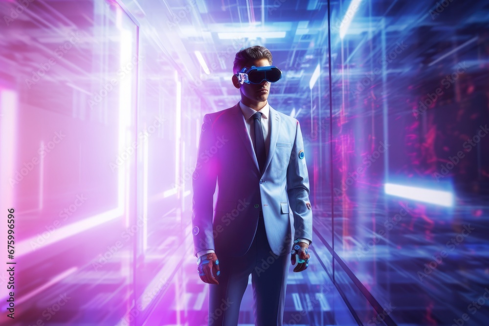 Handsome businessman exploring virtual reality and business metaverse