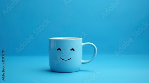 Blue cup a sad face with scarfcoffee on blue background. Blue monday concept and copy space, generative ai