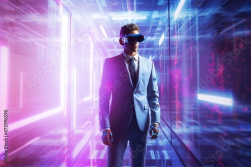 Handsome businessman exploring virtual reality and business metaverse
