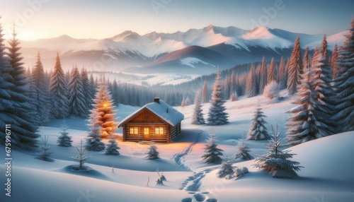 Enchanting winter cabin amidst snowy mountains at twilight.