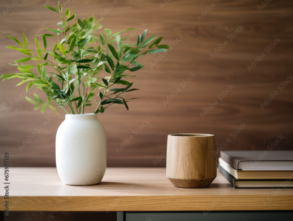fresh and elegant ornamental plant decoration on a brown wooden table