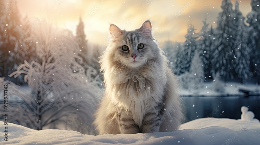 Serene long-haired cat in snow, dusk light.