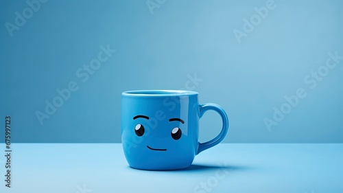 Blue cup a sad face with scarfcoffee on blue background. Blue monday concept and copy space, generative ai