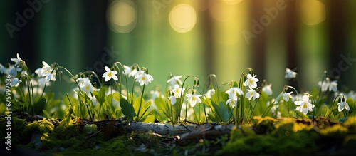 In the beautiful natural background of a spring forest vibrant flowers bloom in shades of white and green creating a stunning display of colors against the lush greenery The bokeh effect ad