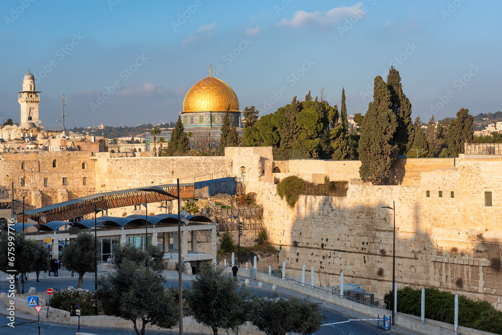 Temple Mount in the old city of Jerusalem at sunset, with Western Wall and Dome of the Rock.	 Jerusalem, Israel