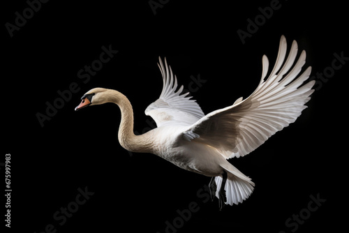 Flying swan on black background