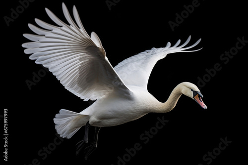Flying swan on black background