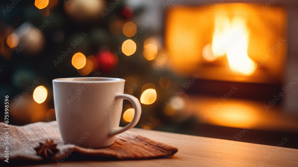 A cup with hot tea on the background of a blurry decorated Christmas tree and fireplace A cup with hot tea on the background of a blurry decorated Christmas tree and fireplace