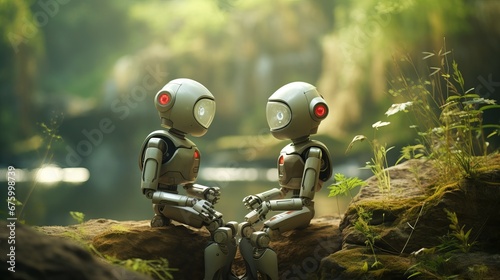 Two Futuristic Robots Engaging in Dialogue in a Serene Forest Landscape photo