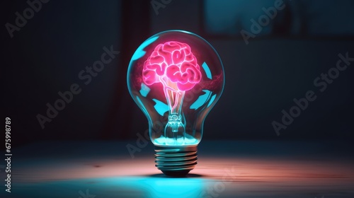 shimmering red brain light bulb lamp on black, human mind brain light bulb with pink fire, energy and flashes, rose lightning, flash of inspiration, flash of genius, memory, cores, brainwave photo