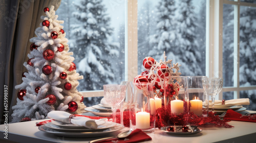 Festive Christmas dinner setting with wine glasses  candles  and elegant table decorations  framed by a softly lit Christmas tree and a snowy window backdrop.