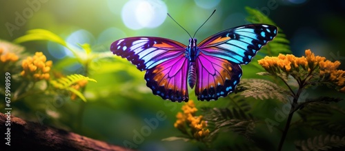 In the beautiful garden during spring a colorful butterfly with bright green wings gracefully flies catching the attention of all with its macro closeup display adding a touch of vibrant col © TheWaterMeloonProjec