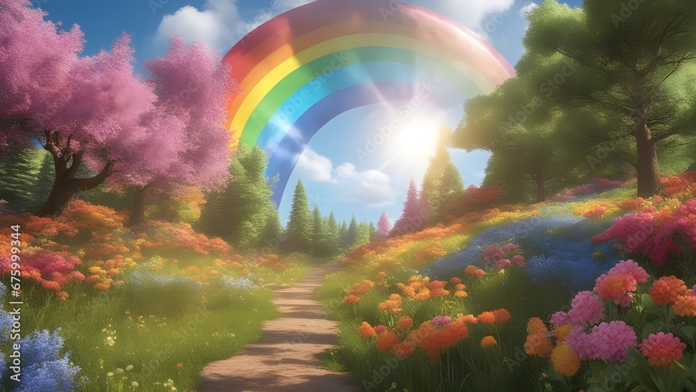 rainbow in the forest  A colorful scene with a sunny forest and a rainbow. The forest is bright and cheerful,  