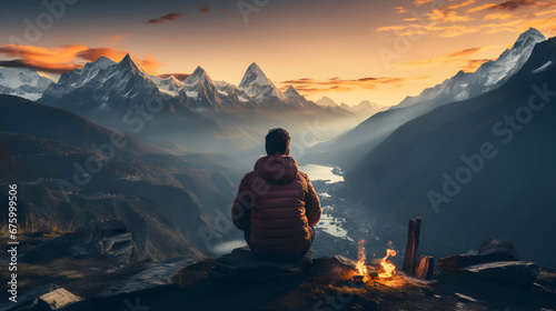 hiker resting on a mountaintop by a campfire looking at snow-capped mountains in the background