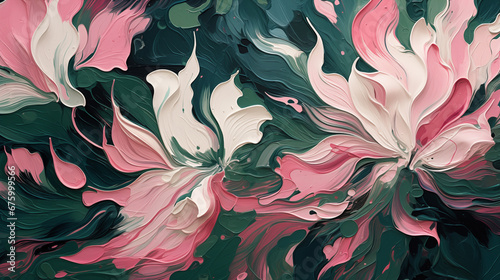 Floral pattern, strokes of pink and green paints. Abstract background. Hand-drawn illustration.