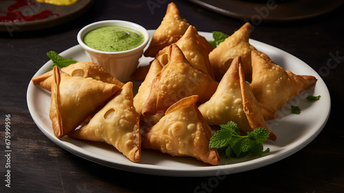 Crunchy Indian samosa vegetarian meal close-up